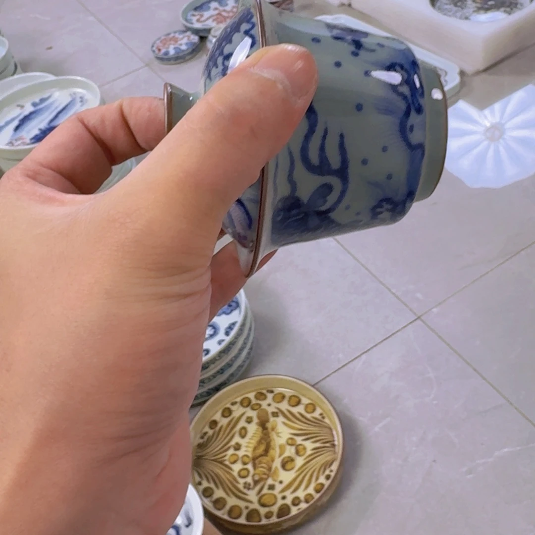 瓷片老陶泥鱼化龙二才马蹄盖碗