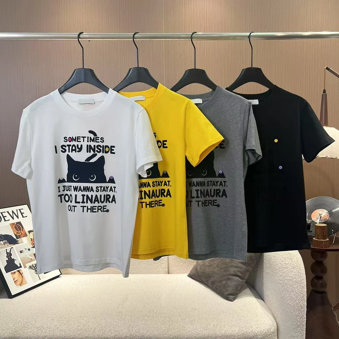 【彩扣小黑猫】100%棉～夏季新款植绒印花修身显瘦短袖T恤上衣88035