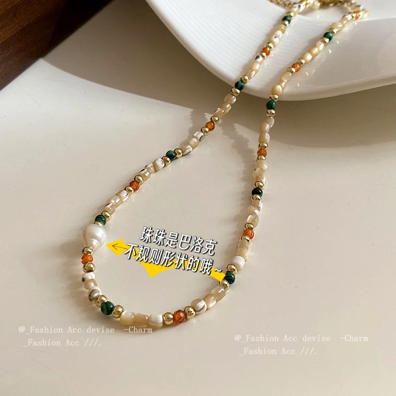 合金项链 波西米亚珠珠几何彩色串珠项链复古小众高级感锁骨链