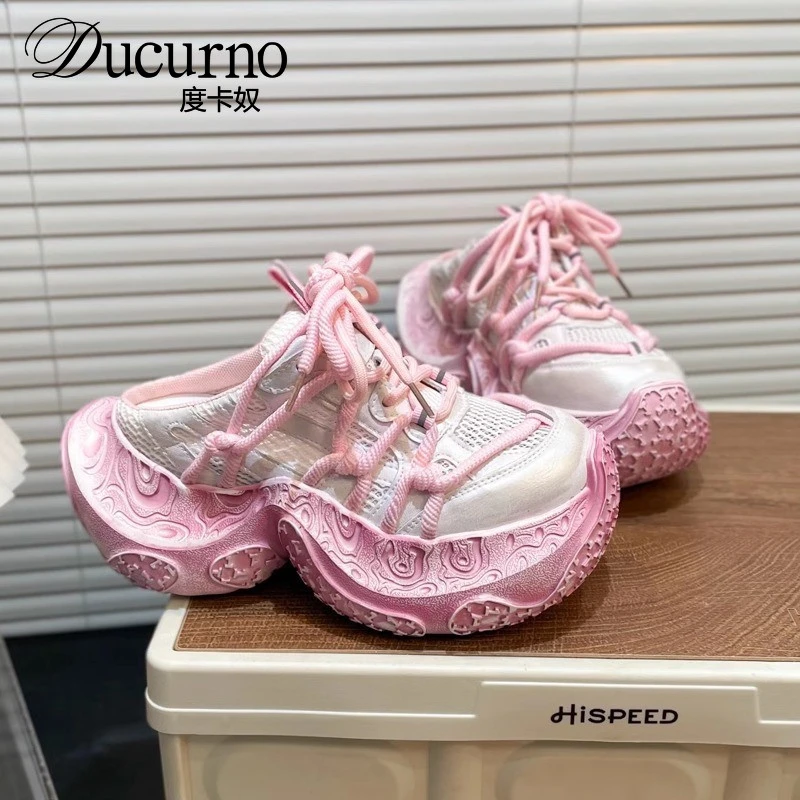 巴黎做旧运动系带包头半拖鞋女老爹鞋无后跟时尚休闲鞋