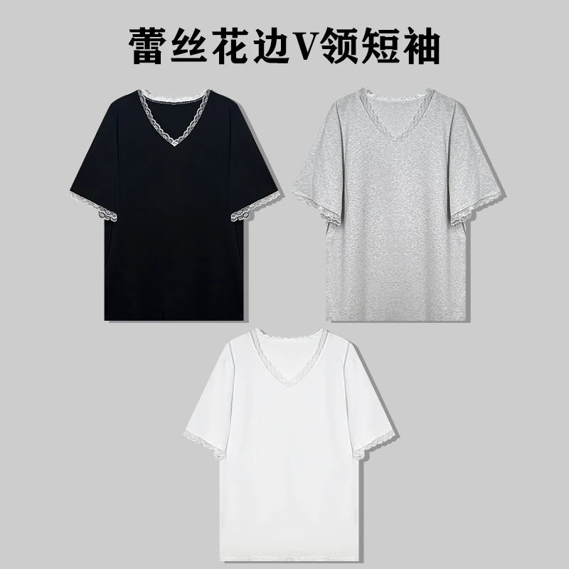 EH2025春款韩版时尚百搭蕾丝T恤高级感纯色短袖打底衫 W2527