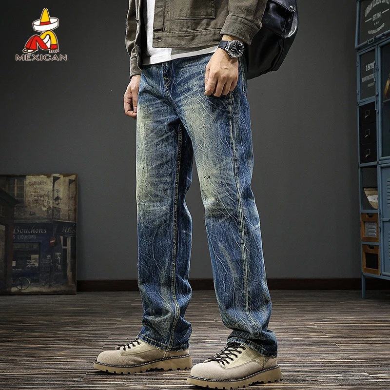 Mexican/稻草人春季闪电裂纹牛仔裤男款美式潮牌设计感痞帅直筒裤
