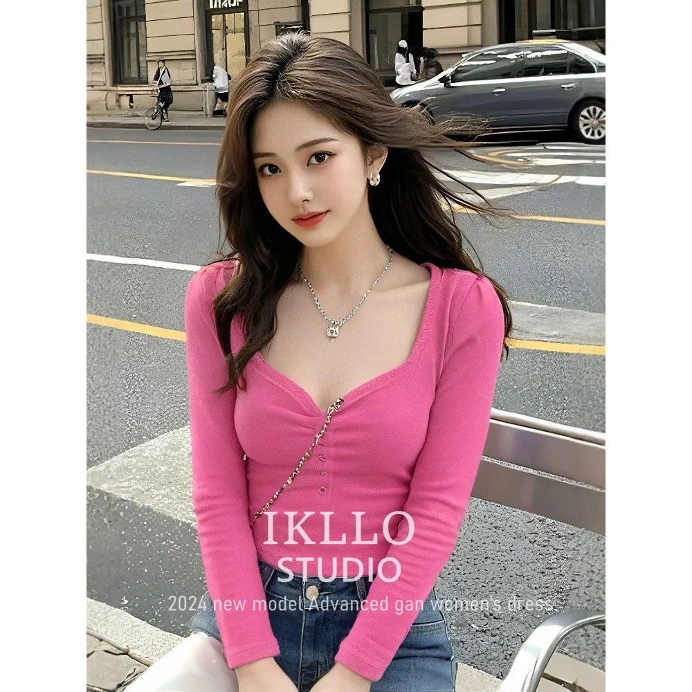 新款德绒紧身短上衣女百搭显瘦气质纯色纽扣长袖方领修身小衫时尚