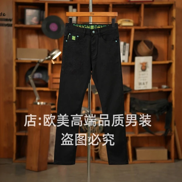 秋冬季美式原创黑色刺绣男士牛仔裤修身弹力小直筒简约百搭个性