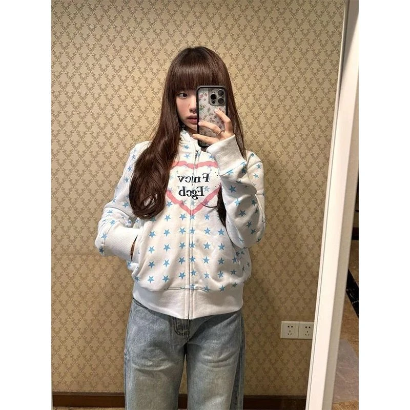 爱依服【秋季上新】美式复古星星满印开衫连帽卫衣女秋秋新款