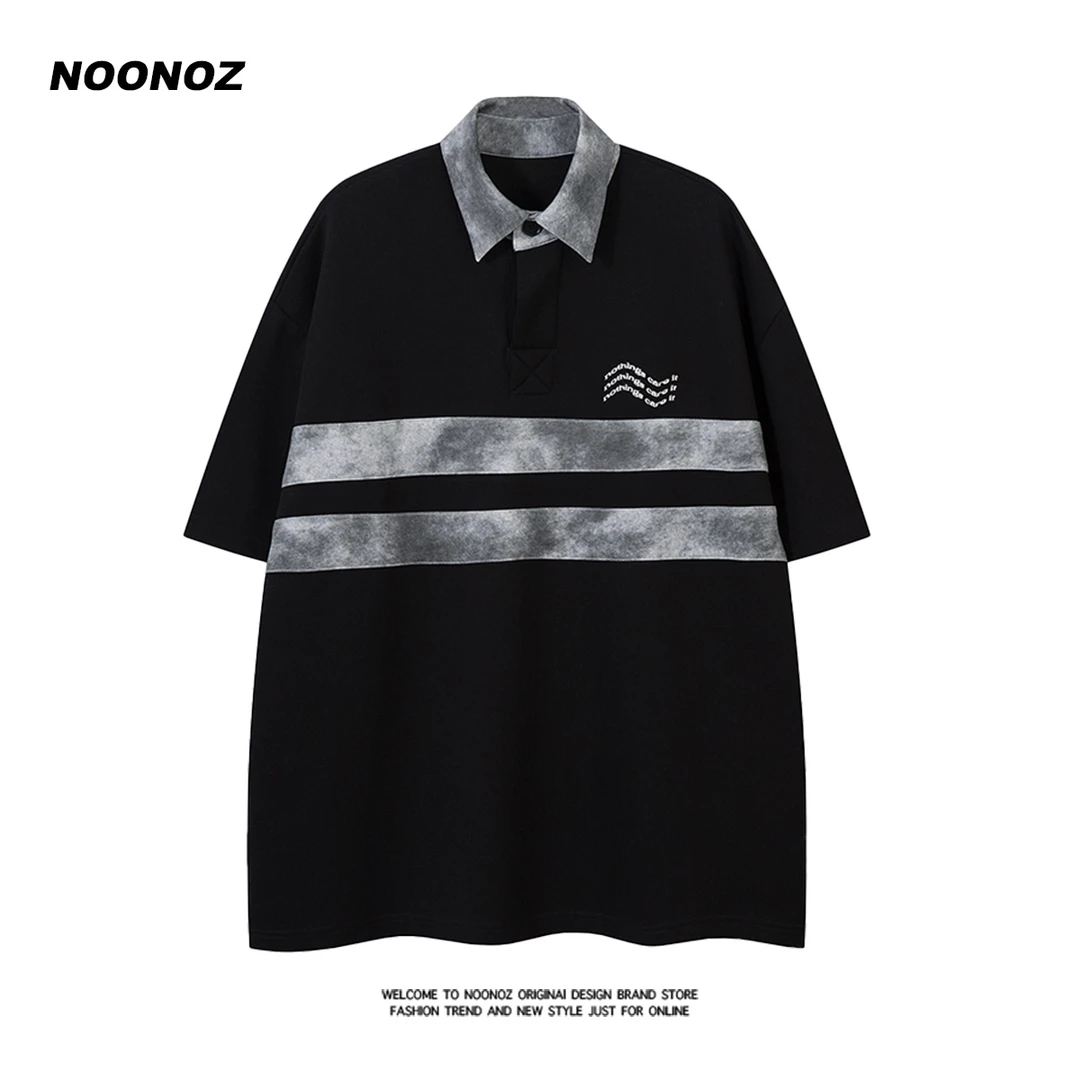NOONOZ短袖POLO衫男潮牌美式高街水洗拼接半袖宽松百搭欧美上衣