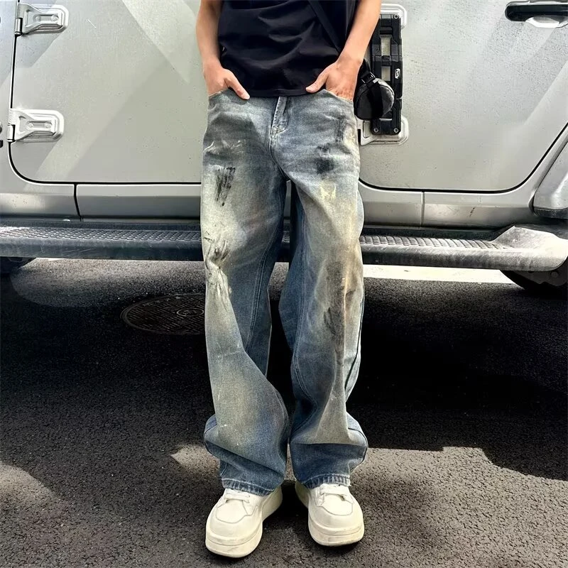 美式街头复古做旧泼墨牛仔裤男高街嘻哈废土风磨洗宽松垂感拖地裤