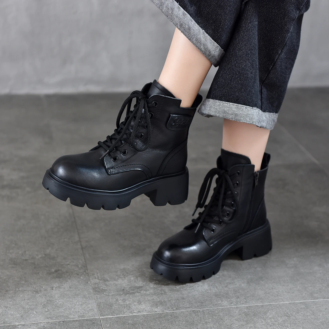 头层牛皮新款时尚舒适休闲百搭厚底中跟秋冬季圆头马丁靴