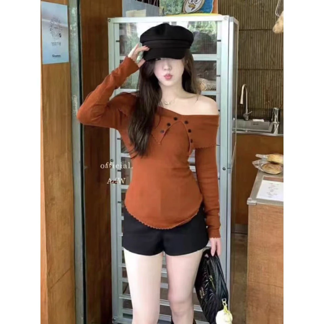 清仓现货 只有一件！性感一字肩长袖女设计感不规则修身显瘦上衣