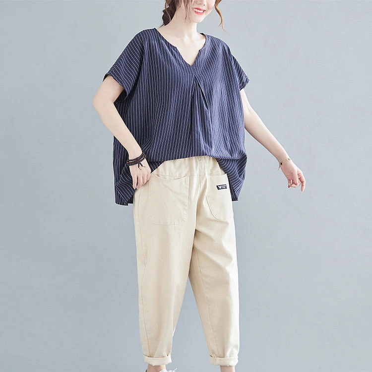 夏季新款韩风大码女装短袖宽松胖上衣条纹娃娃衫棉麻妈妈装