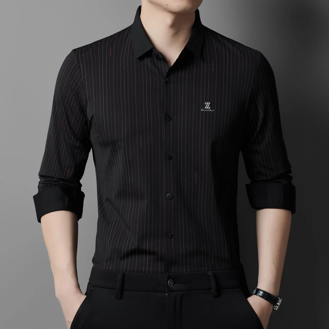 老爷车春季男士轻商务休闲长袖衬衫高弹条纹抗皱无痕时尚高档上衣