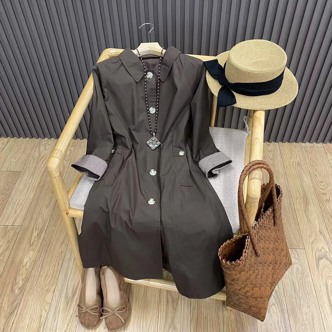 复古翻领格子袖中长风衣气质纯棉宽松百搭中长外套女W25224