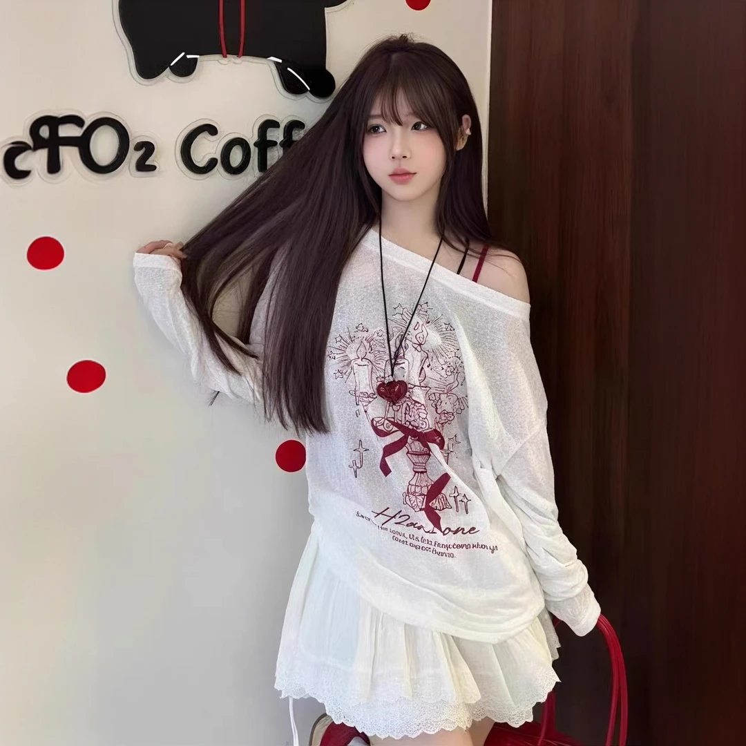 2025夏季新款宽松百搭长袖T恤女涂鸦斜肩慵懒风防晒罩衫休闲上衣