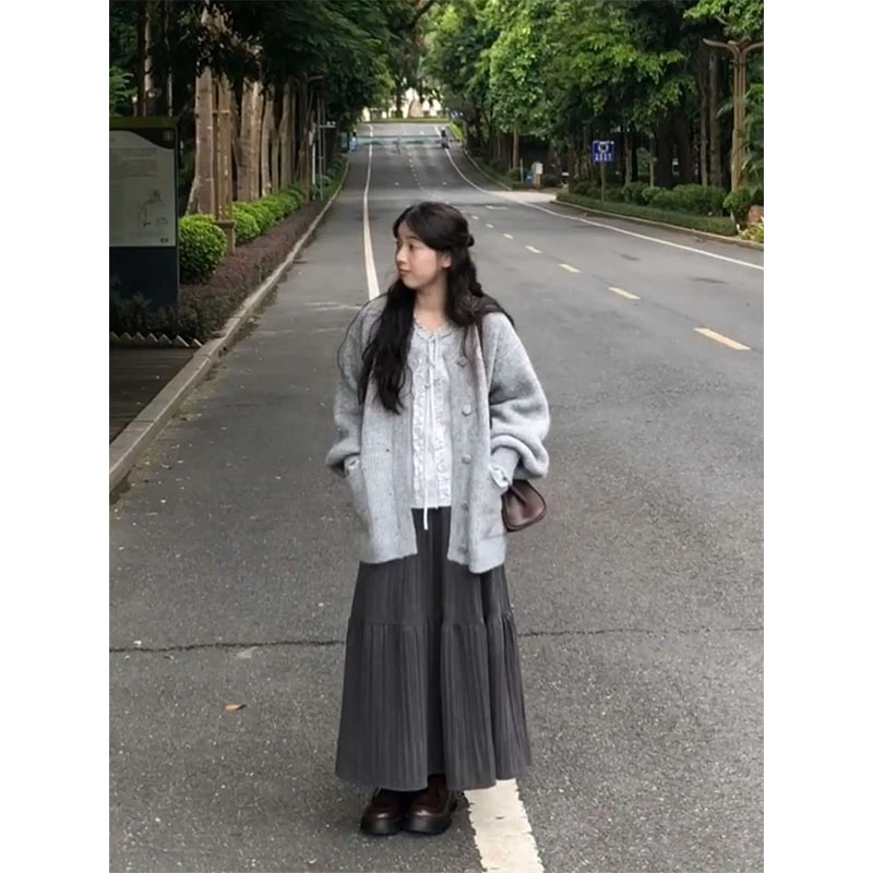 parkyeon秋季新款软糯毛衣外套木耳边衬衫上衣高腰A字半身裙套装