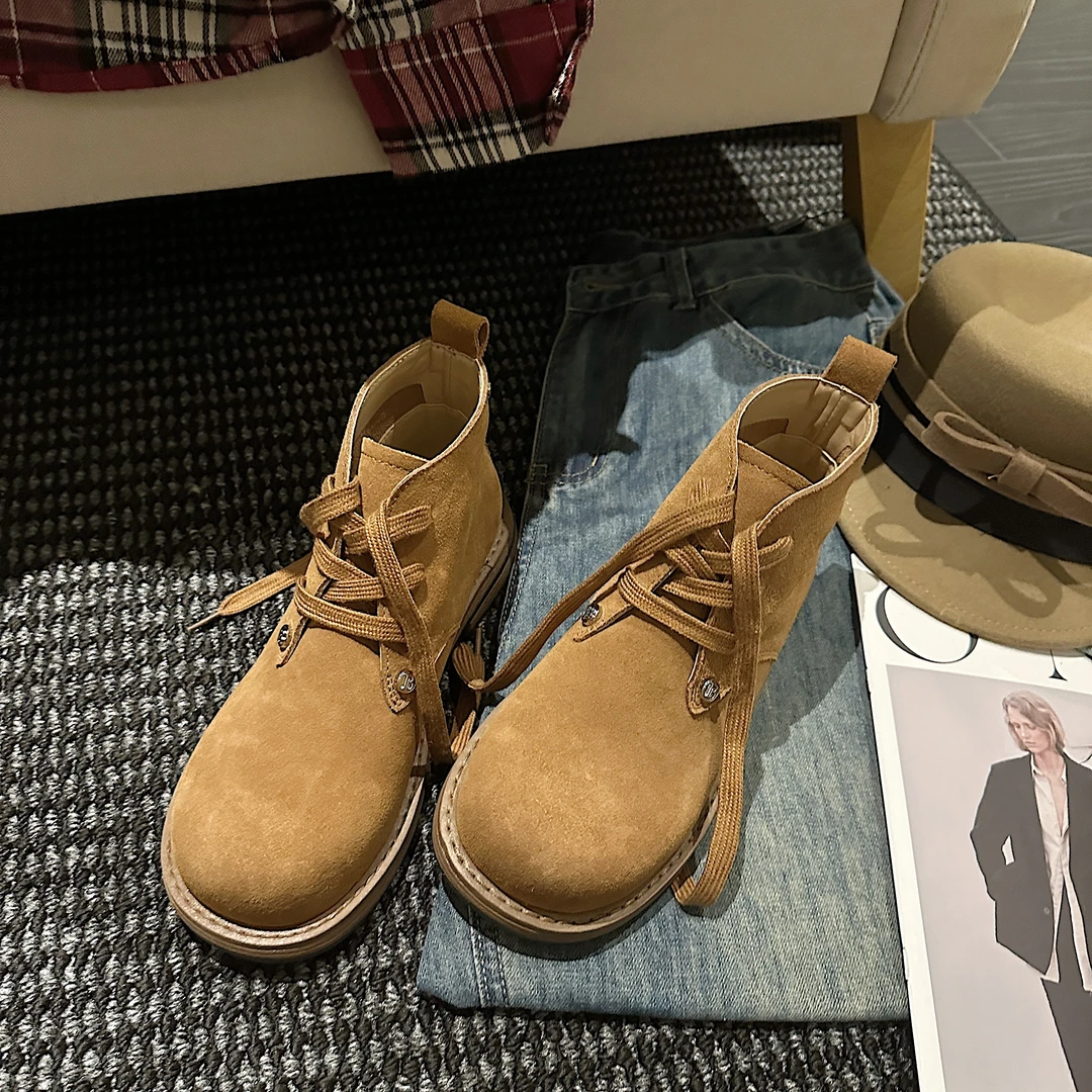 TS时尚休闲靴百搭厚底秋冬圆头纯色系带妍旭牛绒短靴马丁靴子