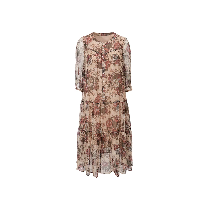 【法式蔷薇】吸睛桑蚕丝轻盈飘逸玫瑰印花设计长袖连衣裙1S358S3295