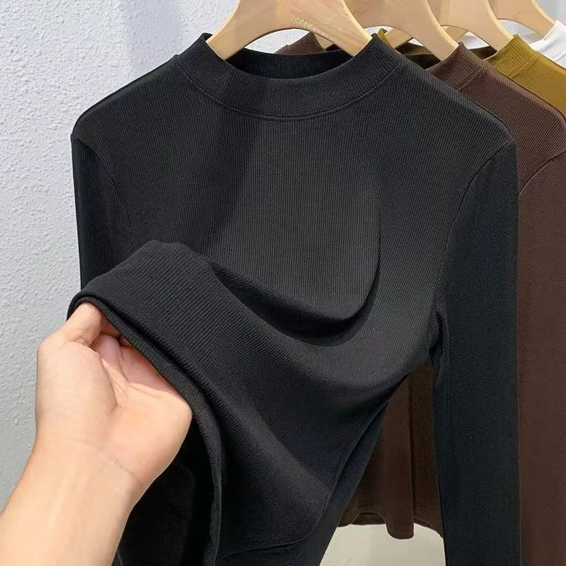 德绒修身显瘦螺纹百搭潮流春秋款女士长袖纯色圆领洋气打底衫