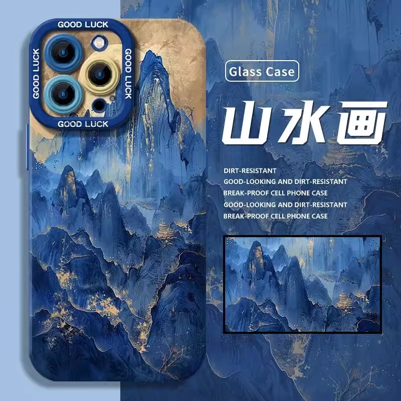 水墨山水适用16promax苹果13手机壳iPhone14国风15全包12复古硅胶