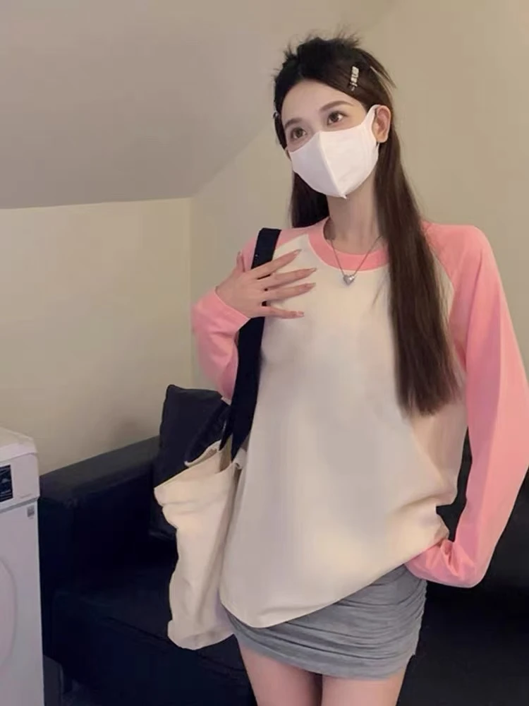 拼色情侣款设计长袖圆领T恤秋季新款韩系休闲百搭显瘦打底衫上衣