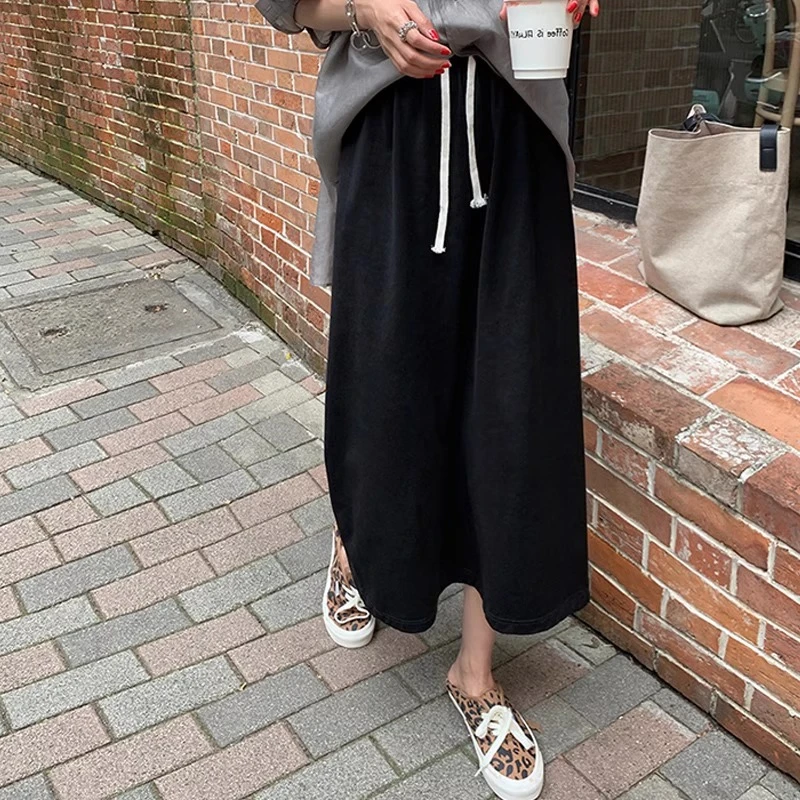 特大码300斤胖MM韩版松紧腰系带开叉中长款A字裙百搭半身裙女装夏