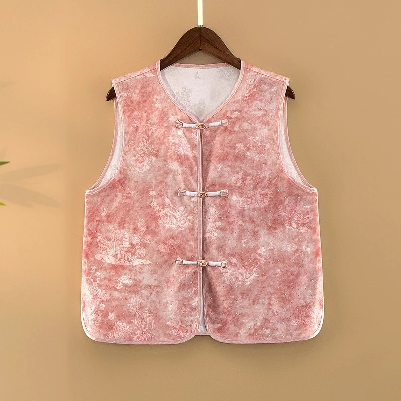 【佳人】2025新款春季马甲新中式宽松圆领钉珠提花气质上衣马夹女款