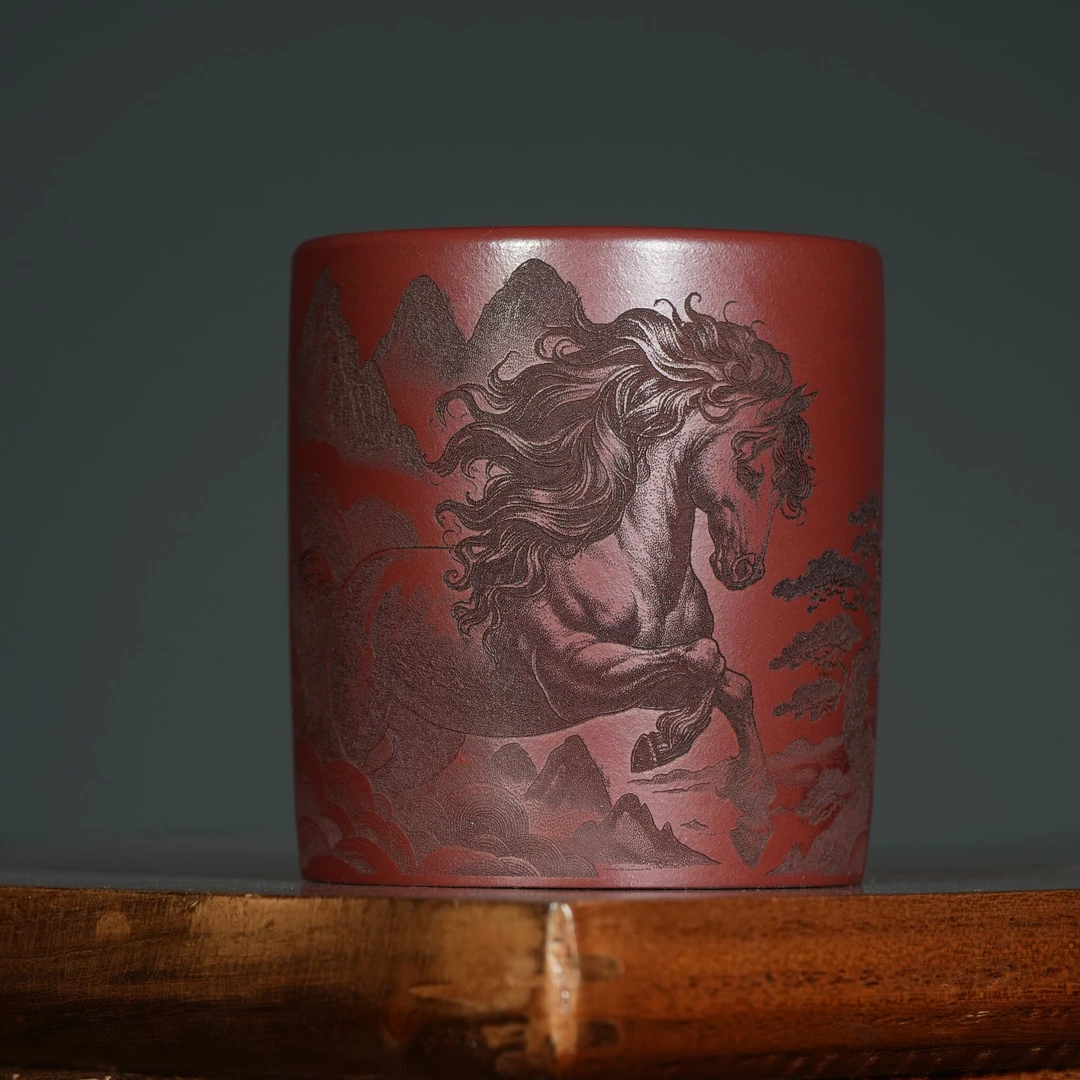 宜兴原矿龙血砂刻天马行空紫砂手工主人杯容量200CC