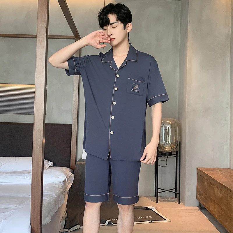 莫代尔棉睡衣男士夏季短袖短裤简约开衫男式宽松可外穿家居服夏天
