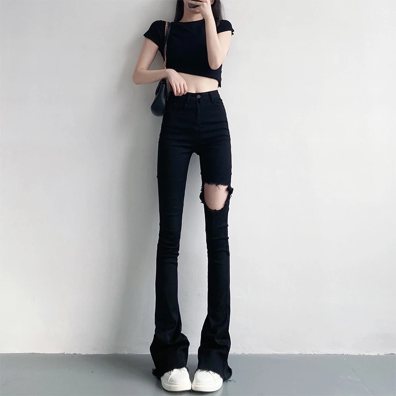 黑色高腰显瘦薄款破洞微喇叭牛仔裤女175高个子加长版拖地裤夏