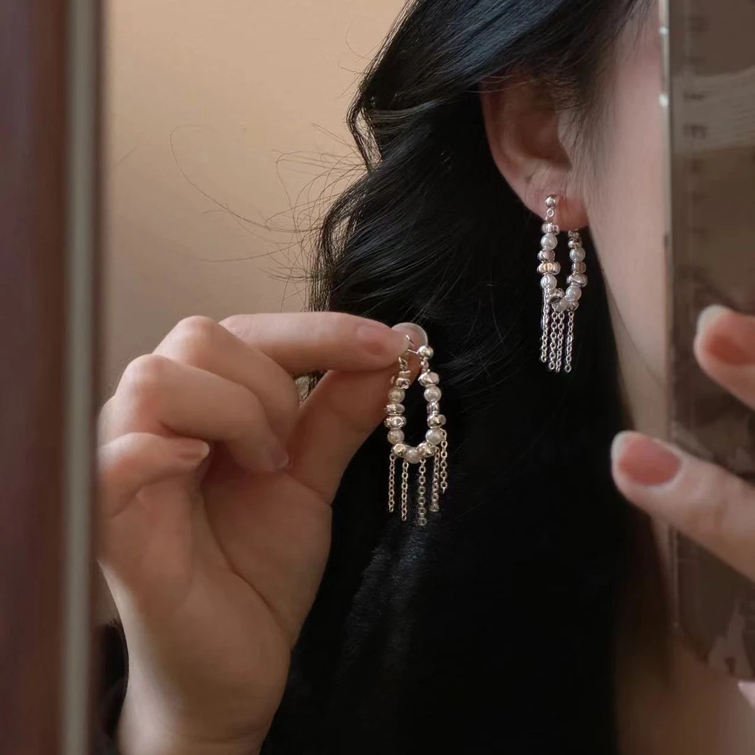 铜合金耳饰 碎光复古高级感轻奢珍珠串珠不规则流苏耳坠-113