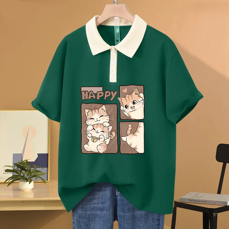 宽松POLO领大码纯棉短袖t恤女装设计感小众休闲百搭显瘦遮肚上衣