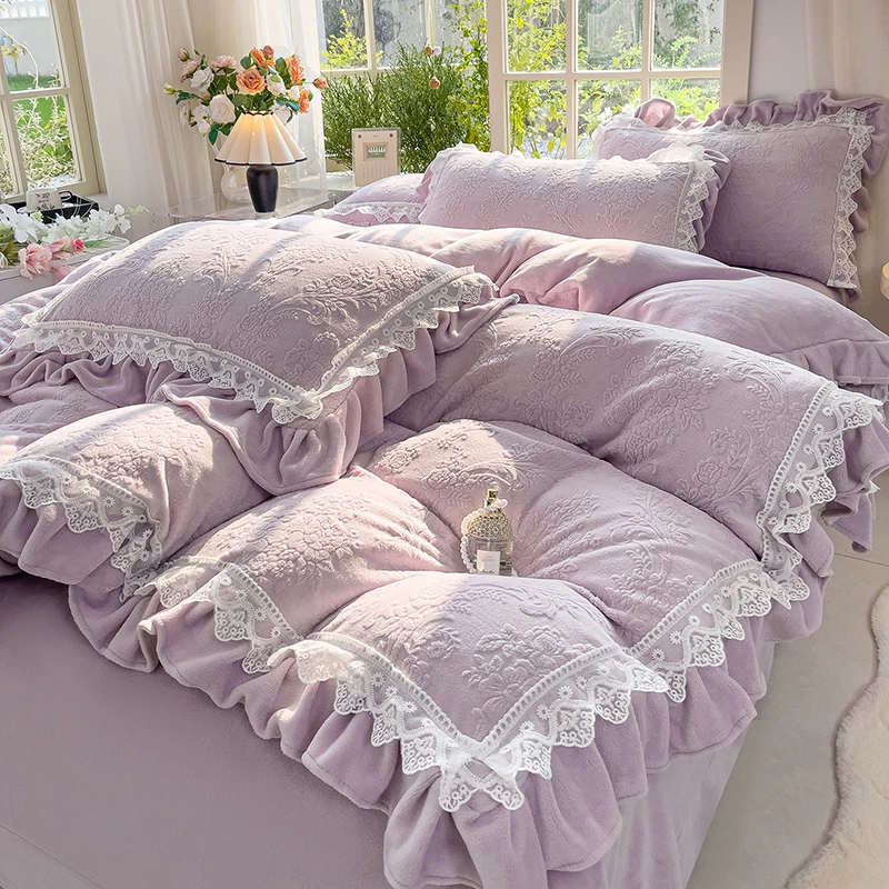 2025新款法式韩版蕾丝花边款四件套加厚牛奶绒被套床单宝宝绒紫色