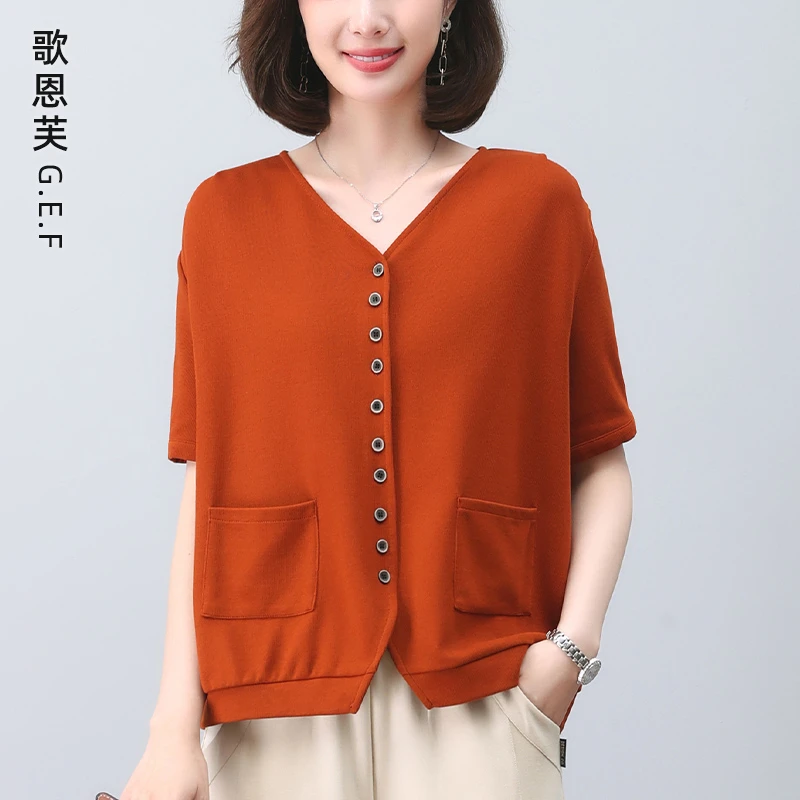 短袖针织衬衫女2025年新款夏季气质上衣妈妈洋气减龄漂亮薄款小衫