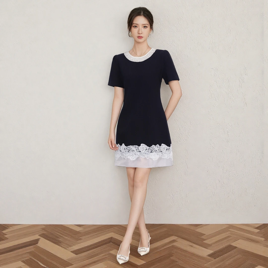 DUCURNO法式拼接蕾丝边连衣裙女夏季2025新款高级感时尚修身裙子