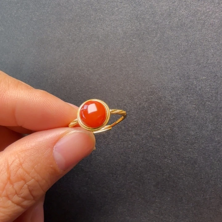 南红玛瑙银S925镀金镶嵌戒指