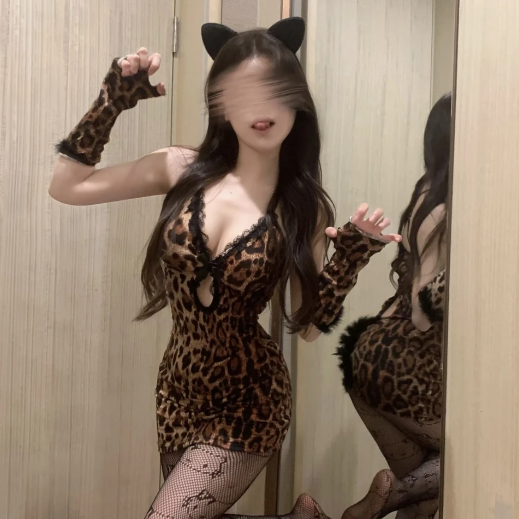 性感豹纹夜店风吊带连衣裙收腰蕾丝显瘦制服套装包臀裙子御姐气质