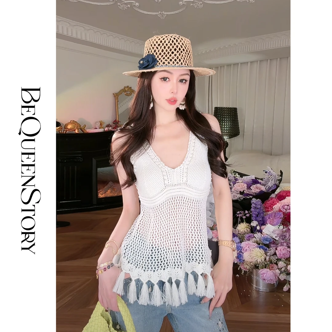 BeQueenStory【海风童话】2025新款柔软亲肤棉混纺纱线V领流苏吊带