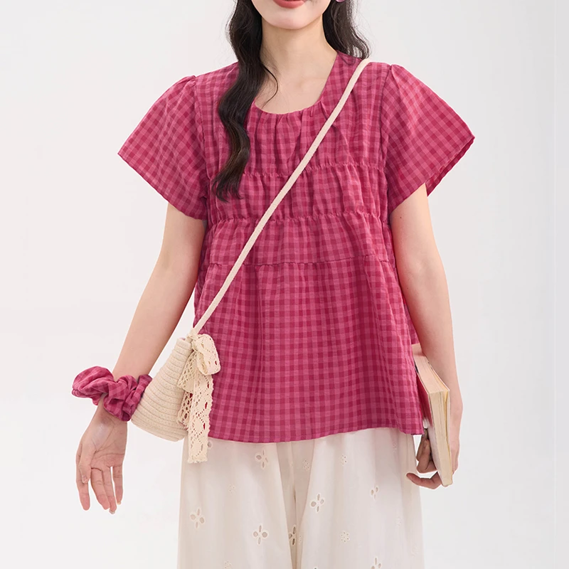 微胖妹妹2025夏树莓红褶皱格子短袖娃娃衫衬大码女装显瘦上衣8223