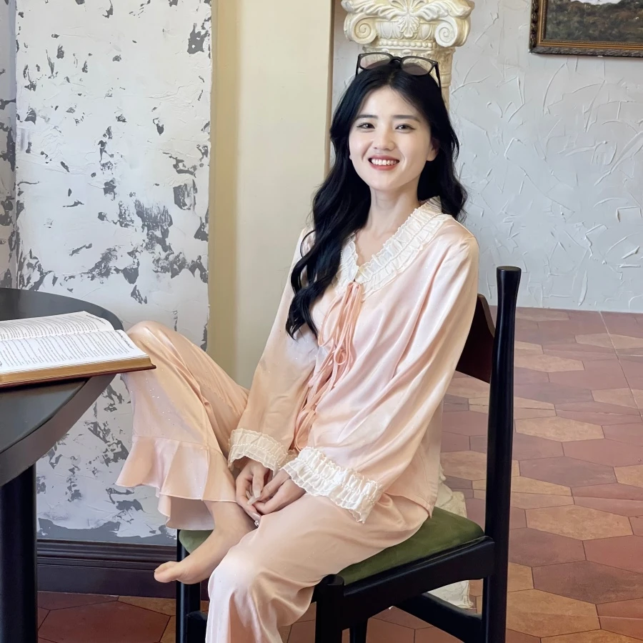 FENKE/粉客【千流金】星光缎女士睡衣荷叶边珍珠可外穿家居服春夏季