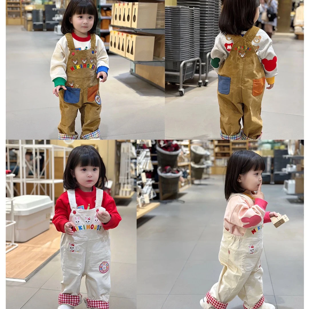 春季新款男女童豪华款彩色字母小熊小兔灯芯绒背带长裤