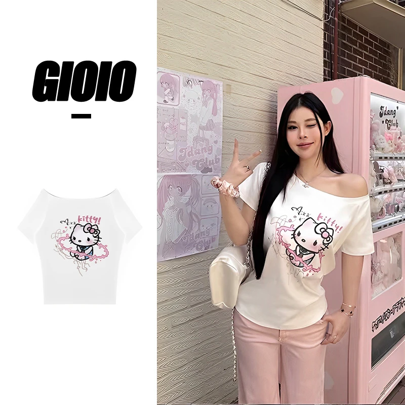 GIOIO夏季美式短款辣妹斜肩短袖白色百搭印花纯欲风露肩女上衣T恤