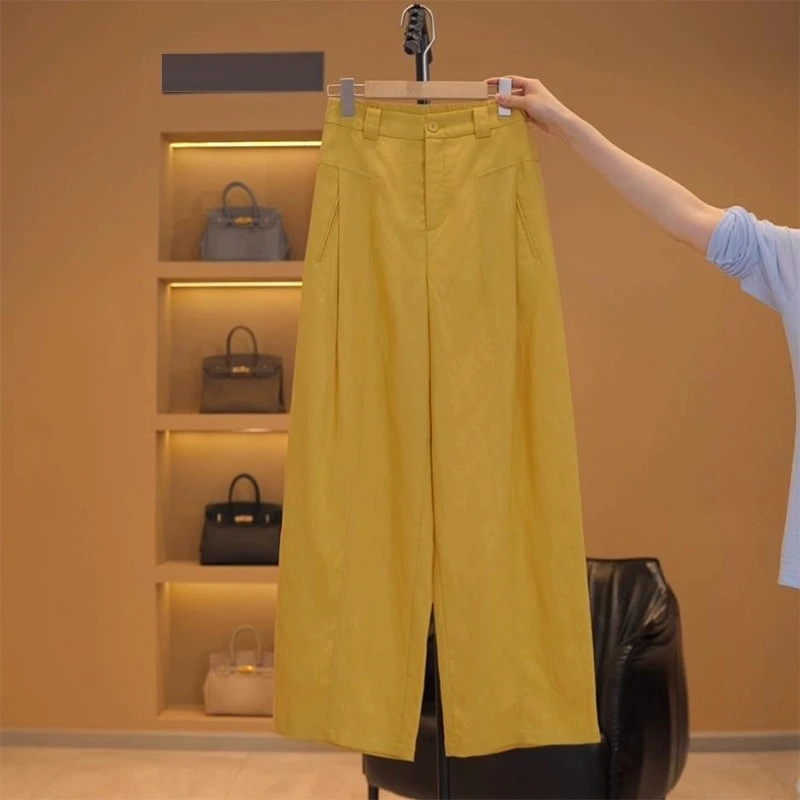 天丝亚麻风琴裤女2025夏季薄款新款高腰后松紧凉爽黄色休闲阔腿裤