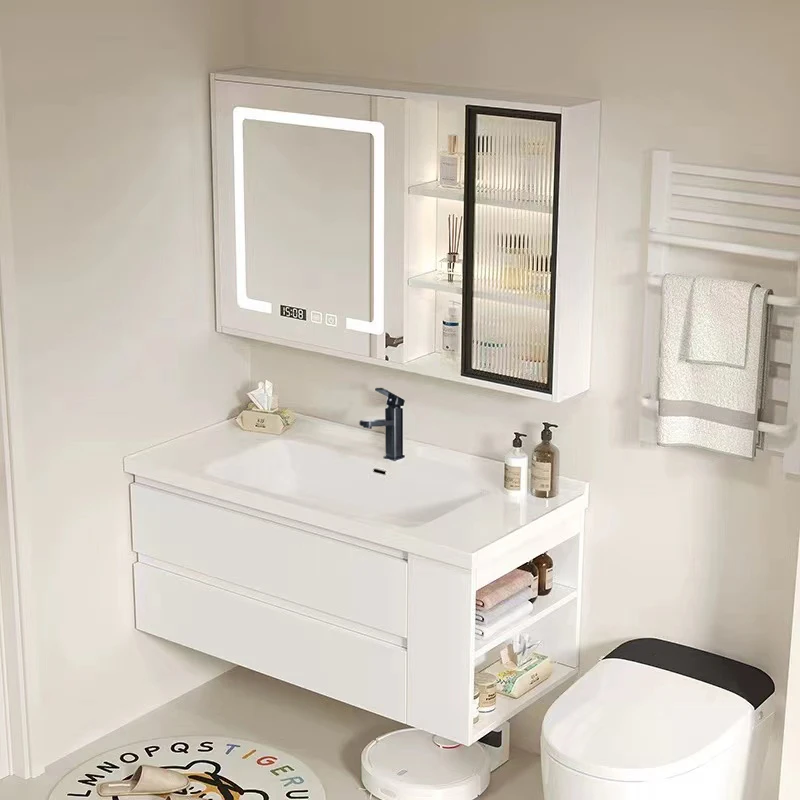 奶油风浴室柜组合带侧边收纳柜陶瓷一体盆洗手洗漱台洗脸盆卫浴柜