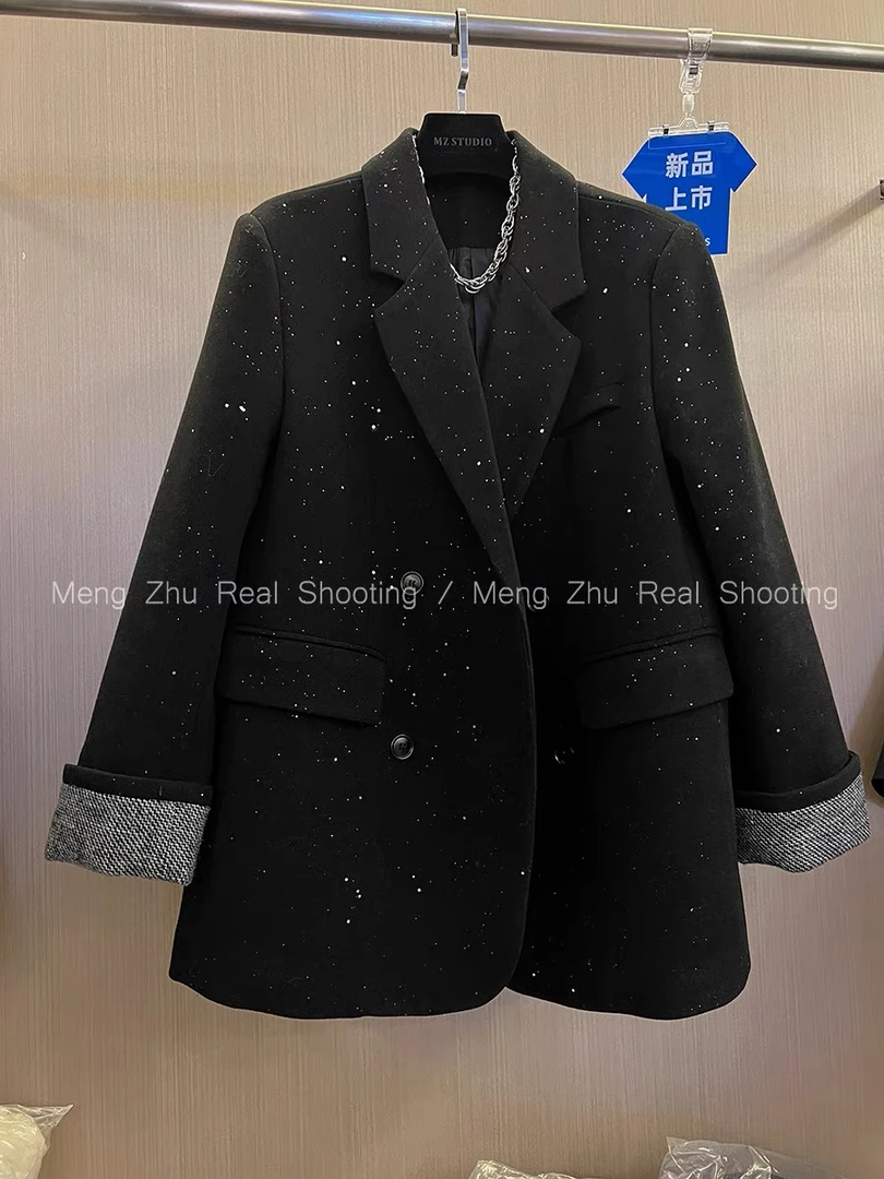 Uni【1283 高端定制款撒粉亮片毛呢西装加厚款时尚中长款外套】