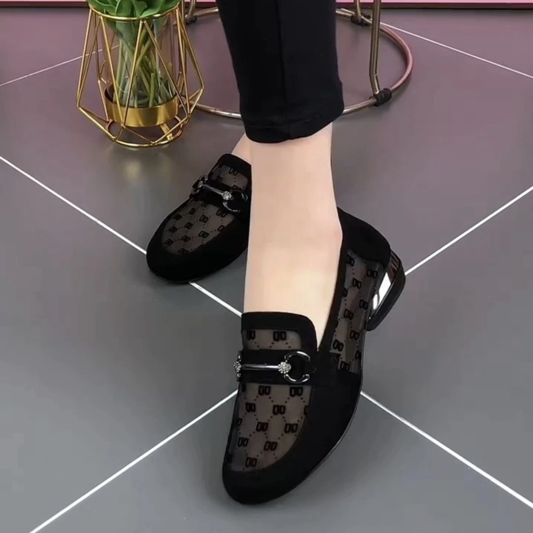 网纱镂空妈妈凉鞋2025新款百搭圆头绒面乐福鞋厂家直销透气单鞋