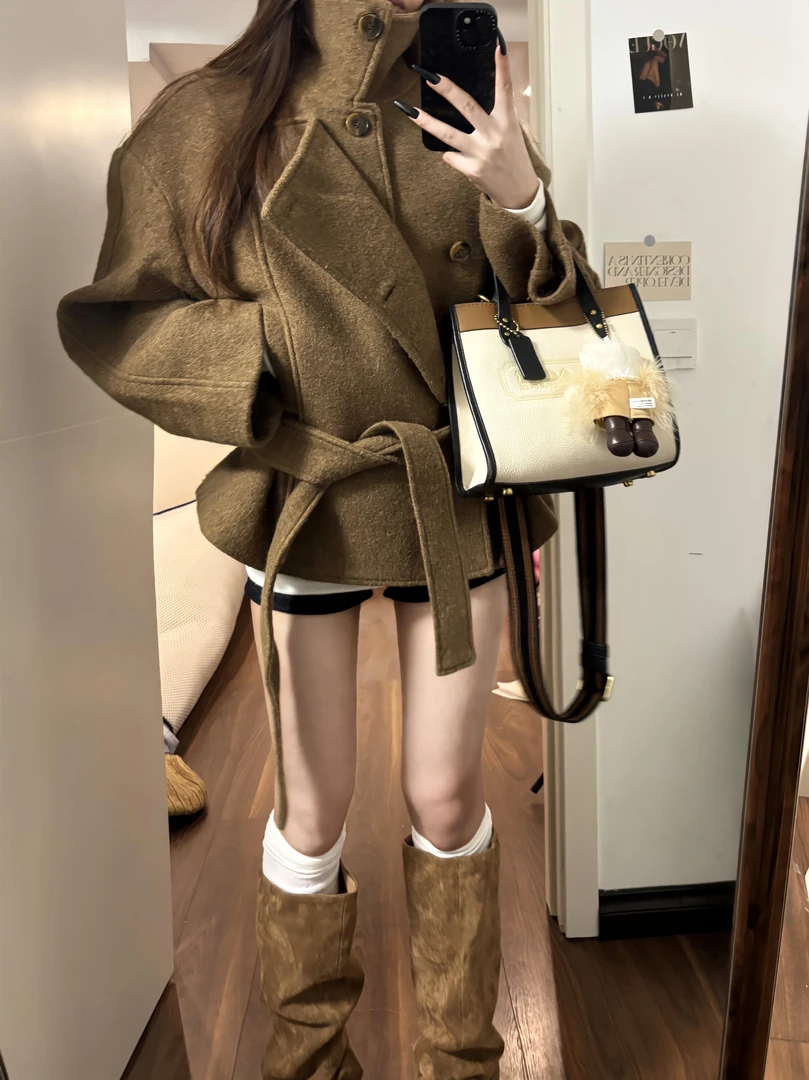 “金敏喜2.0” 咖色毛呢外套女冬韩系加厚高级感小个子复古短款大衣