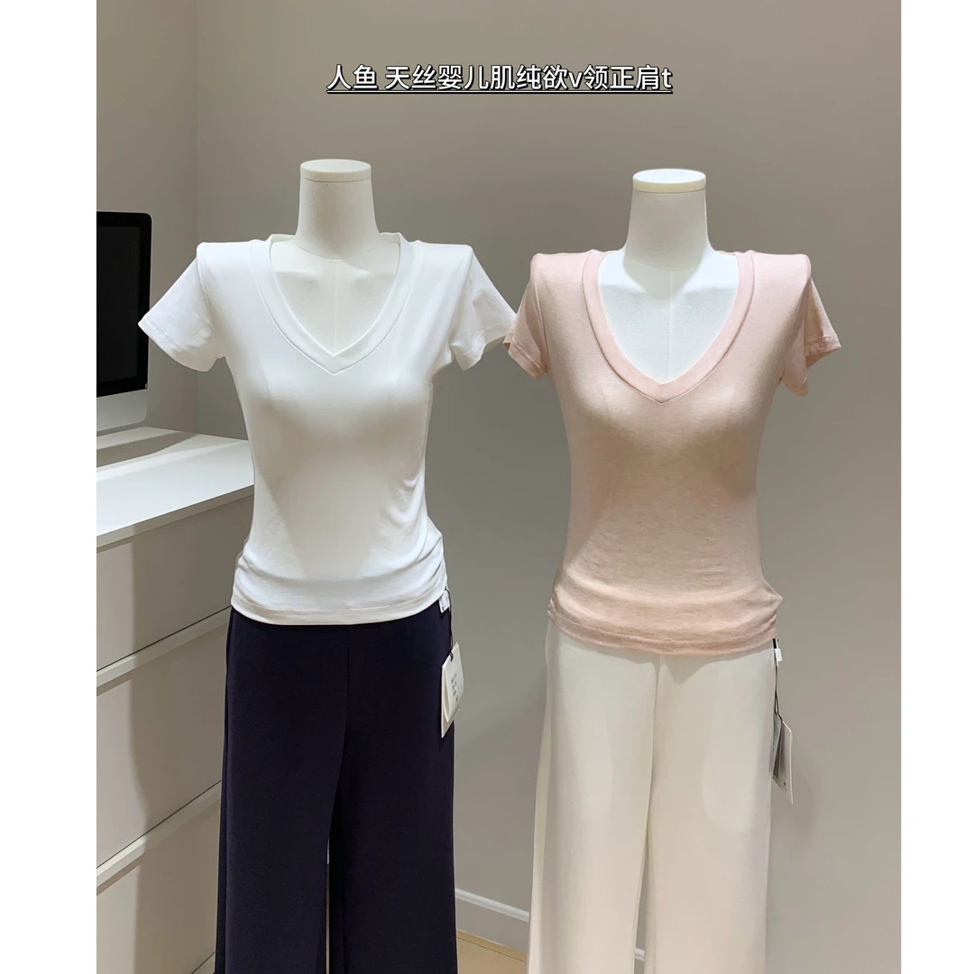 天丝婴儿肌裸感纯欲v领正肩修身t恤女夏季面膜感超薄软糯短袖上衣