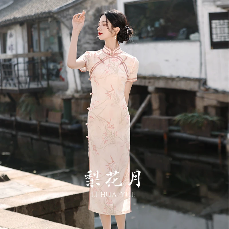 古法双襟旗袍2025春夏复古民国风少女年轻款温柔粉色连衣裙