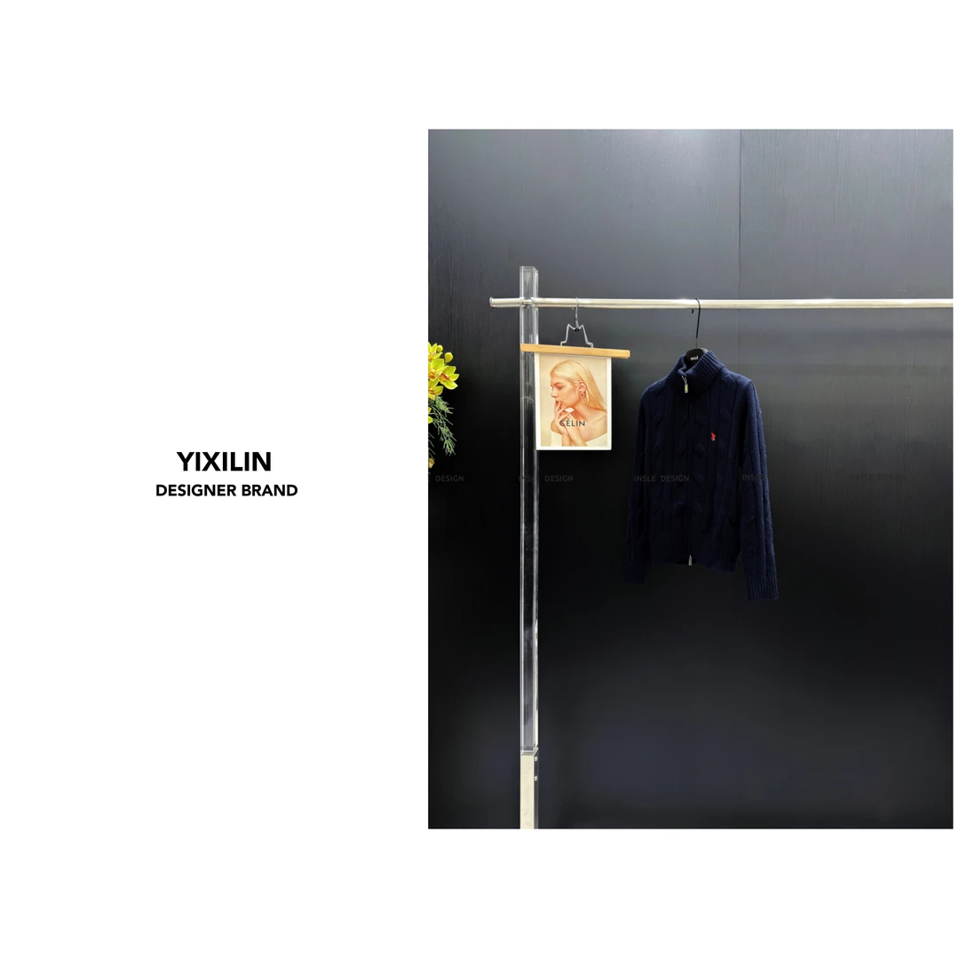 YIXILIN 极简老钱羊毛混纺绞花针织开衫拉链外套厚实