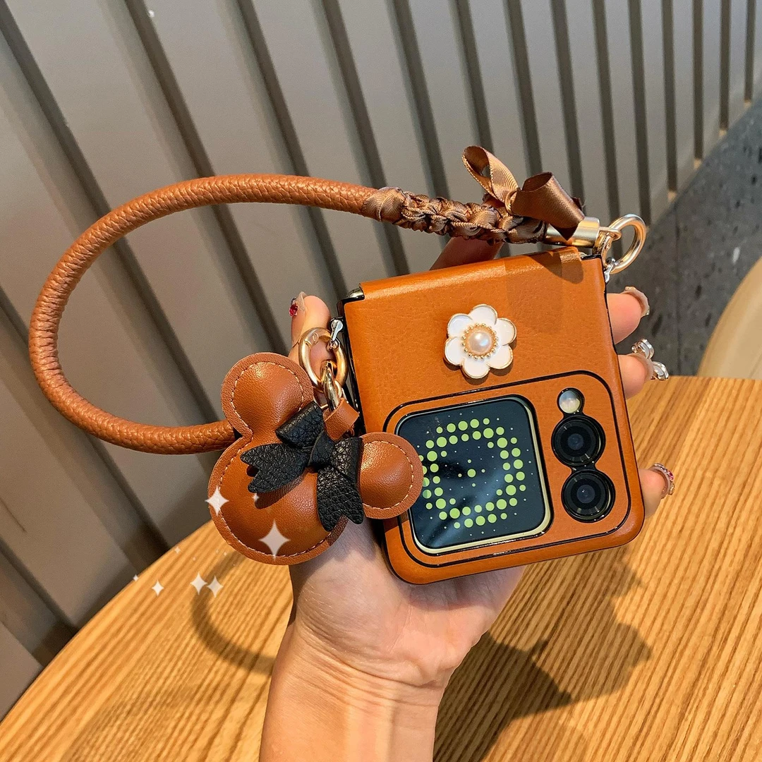 适用华为Nova Flip S手机壳折叠屏复古焦糖色花朵斜挎手提保护套