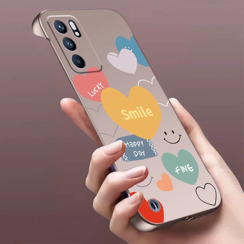 适用OPPOReno6无边框Reno6pro+手机壳爱心笑脸超薄时尚金属漆散热